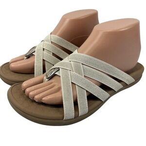 Vionic Tia Womens 8 Champagne Gold Metallic Woven Thong Sandal Stretch Gore